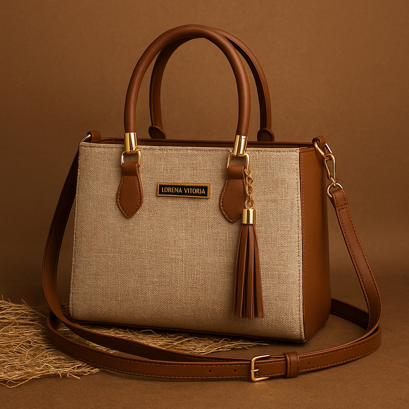 Bolsa Feminina Lorena Vitória Palha Chic Alça Dupla (Mão + Transversal)
