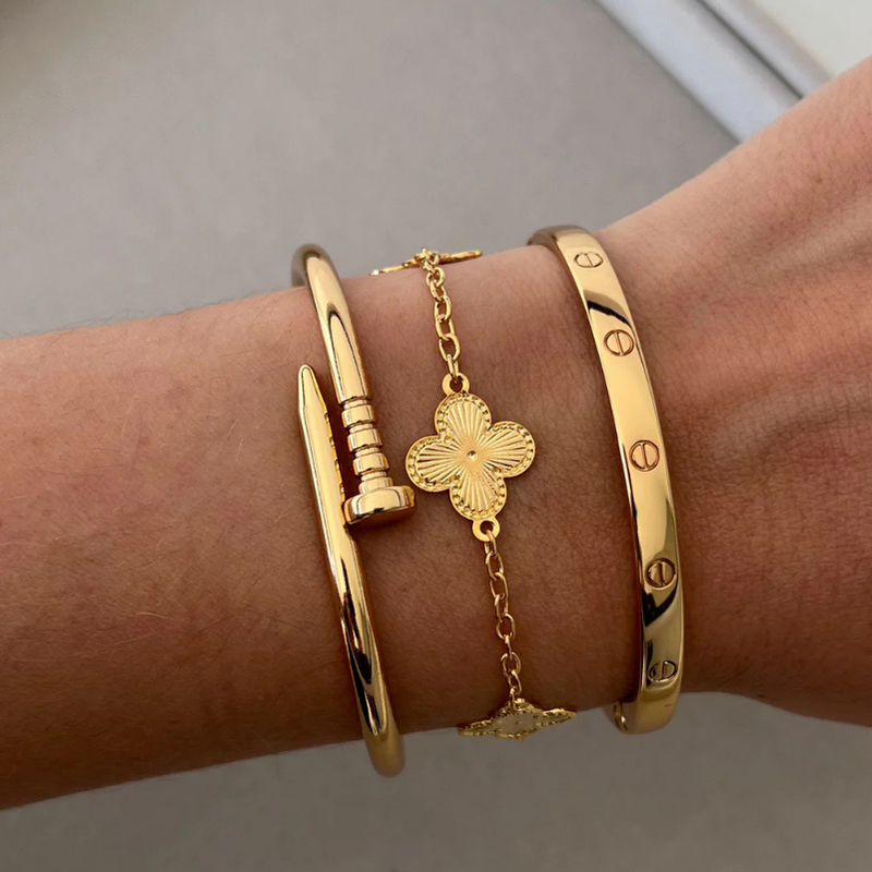 Conjunto 3 Braceletes Aço inoxidável Dourado Acessórios Femininos Virginia Moda KIT Pulseira