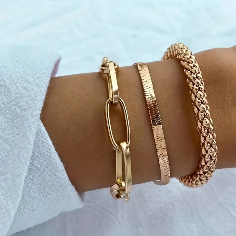 Conjunto De Pulseira De Corrente De Osso De Cobra De 3 Unidades , Joias De Pulso De Metal Retrô Multicamadas Para Mulher